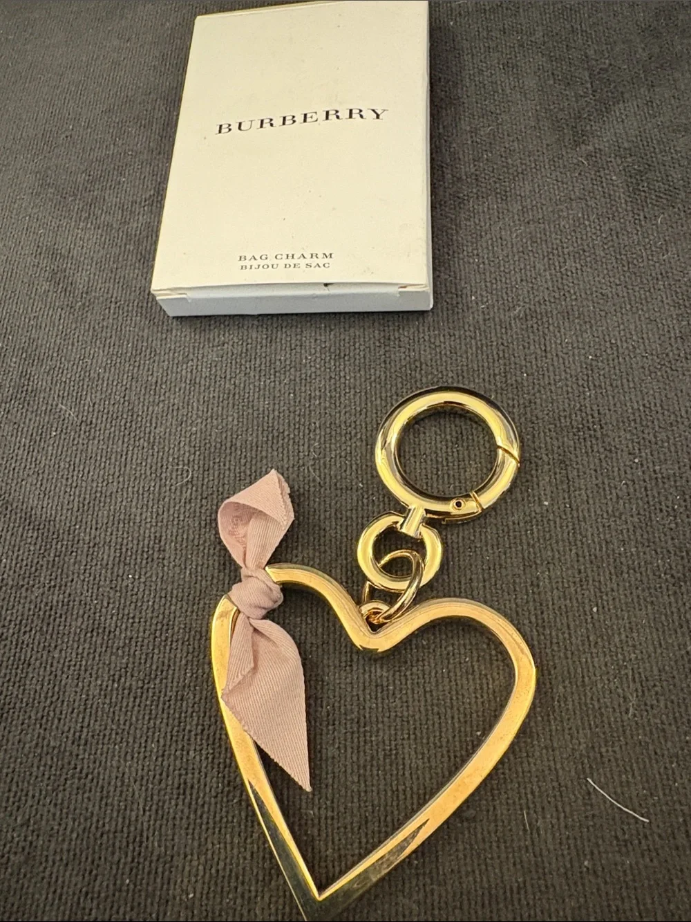 Burberry Gold Heart Keyring with Pink Ribbon Accent